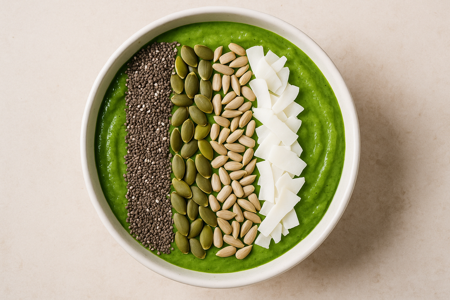 Green smoothie bowl topped with seeds and coconut flakes.